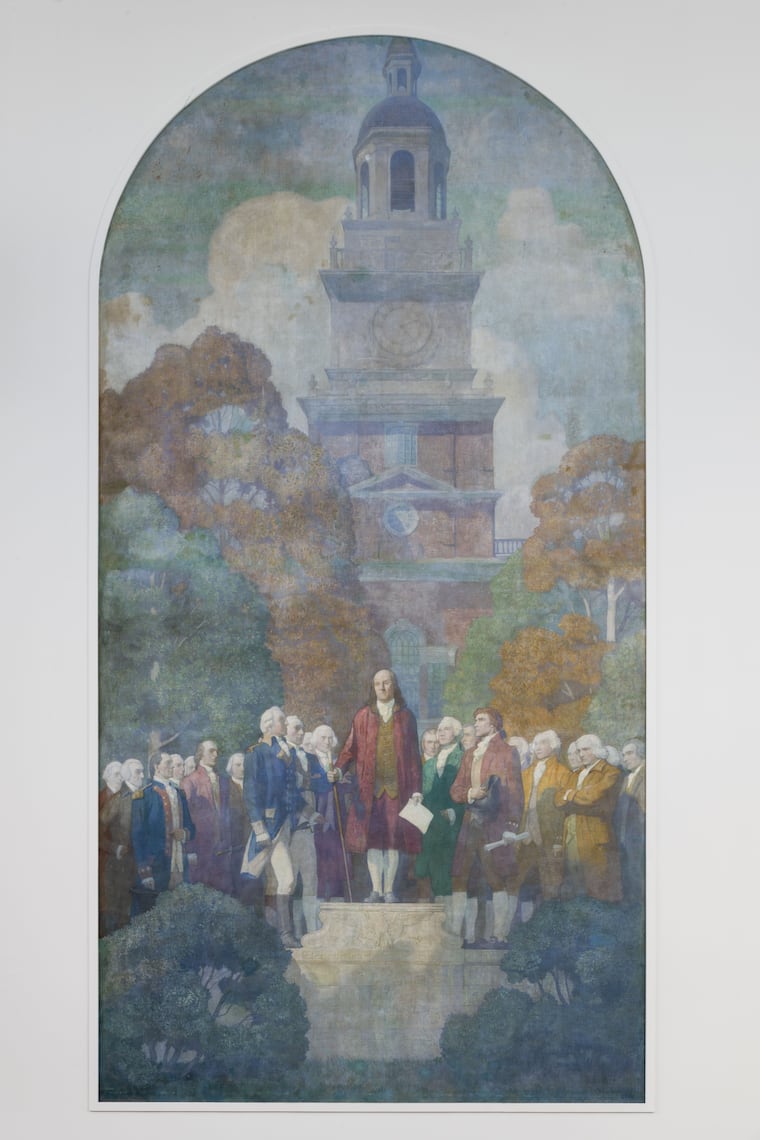 'An Apotheosis of Franklin' by N. C. Wyeth, 1926, oil on burlap. The mural hangs in the University of Pennsylvania's Hill College House.