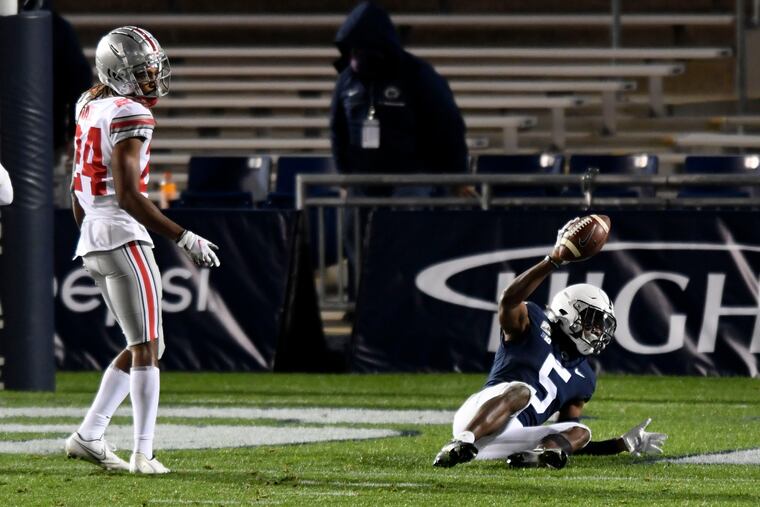 Penn State wide receiver Jahan Dotson had eight receptions for 144 yards and three touchdowns in Saturday's 38-25 loss to Ohio State.