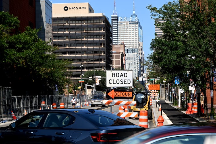 Signs are up on East Market Street, ahead of three months of closures and detours for construction work planned between Front and Sixth Streets in Philadelphia's Old City starting Monday.