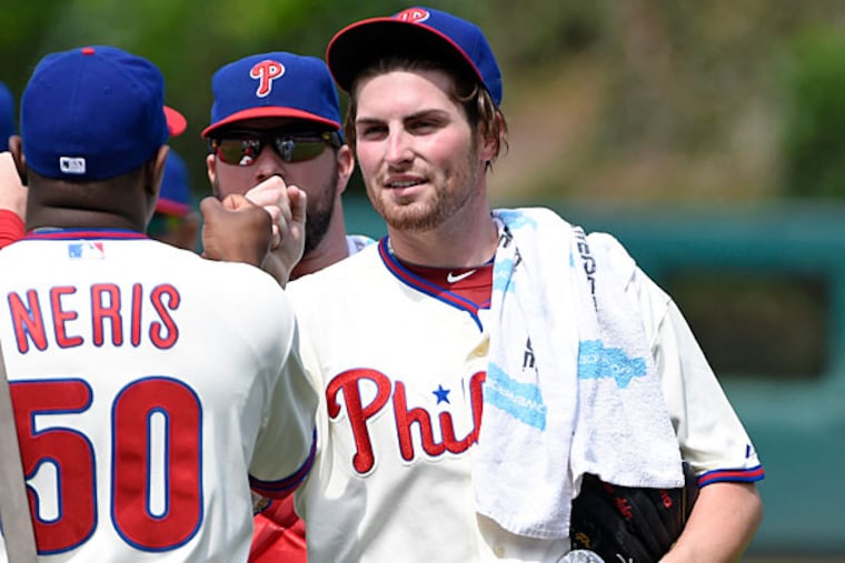 Philadelphia Phillies starting pitcher Alec Asher (49) makes his way to the dugout before his first Major League start against the San Diego Padres at Citizens Bank Park.
