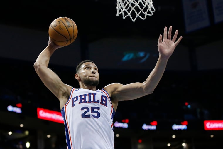 Ben Simmons goes up for a dunk during the Sixers' win over the Thunder.