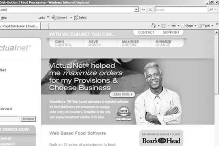 The home page of VictualNet.com, run by Bucks-based Food Connex.