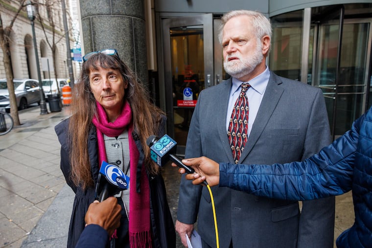 Gretchen Engel (left) and Karl Schwartz, defense attorneys for Daniel Gwynn, outside the Juanita Kidd Stout Center for Criminal Justice in Philadelphia on Wednesday.