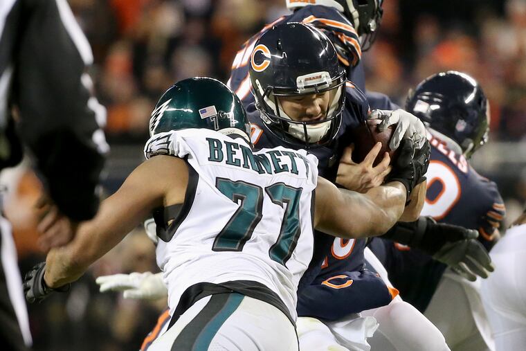 Michael Bennett sacks Bears quarterback Mitchell Trubisky during the Eagles' win on Sunday.