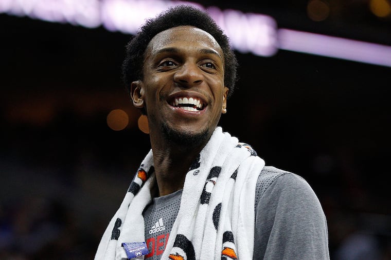 Philadelphia 76ers' Ish Smith looks on during the first half of an NBA
basketball game against the Portland Trail Blazers, Saturday, Jan. 16,
2016, in Philadelphia. The 76ers won 114-89.