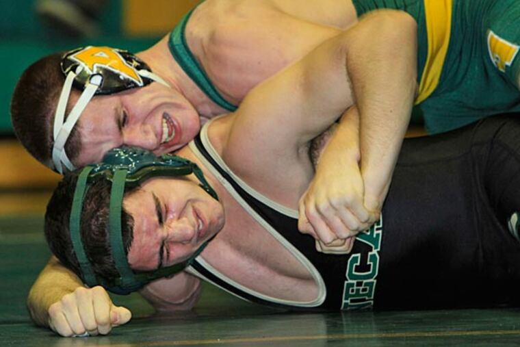160 lbs. match. Seneca's Vince Alitimari (bottom) struggles before
Audubon's Bob Tegan wins by a pin boys H.S. wrestling in Tabernacle,
January 11, 2013. (David M Warren/Staff Photographer)