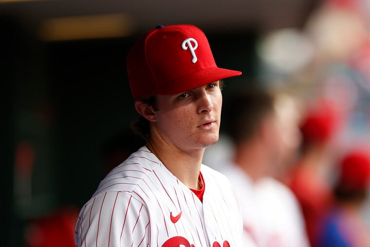 Phillies outfielder Mickey Moniak in the dugout Monday night at Citizens Bank Park.