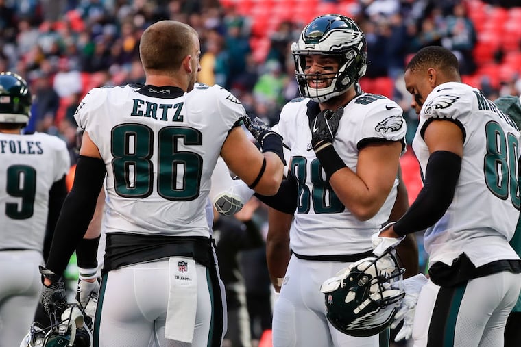 Eagles tight ends Zach Ertz (86) and Dallas Goedert (88) might be the key to victory Sunday against the Vikings.