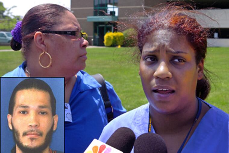 The mother of an 11-year-old rape victim speaks with the media outside St. Christopher's Hospital for Children prior to visiting her daughter today. Police have captured Jose Carrasquillo (inset) in connection with the crime. (Sarah J. Glover / Staff Photographer)