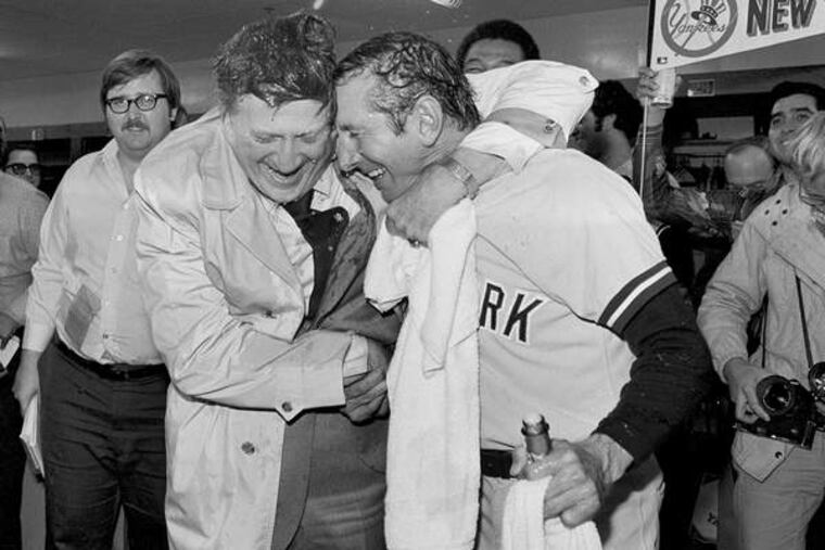 George Steinbrenner with manager Billy Martin after the Yankees won the 1977 ALCS.