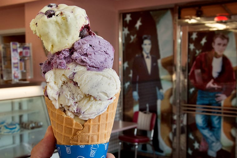 (FILE PHOTO) A triple-dip cone of three blueberry flavored ice creams: (from top) Blueberry Cheesecake, Hammonton Blueberry, and Sweet Cream and Blueberries at Royale Crown Homemade Ice Cream in Hammonton August 5, 2015. There's a lot more to do than Blueberries in the famous half-way-to-the-Shore-hamlet.