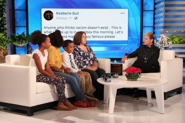 In this photo released by Warner Bros., talk show host Ellen DeGeneres is seen during a taping of "The Ellen DeGeneres Show" at the Warner Bros. lot in Burbank, Calif.