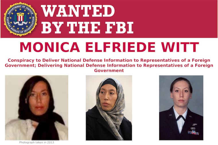 This image provided by the FBI shows part of the wanted poster for Monica Elfriede Witt. The former U.S. Air Force counterintelligence specialist who defected to Iran despite warnings from the FBI has been charged with revealing classified information to the Tehran government, including the code name and secret mission of a Pentagon program, prosecutors said Wednesday, Feb. 13, 2019. (FBI via AP)