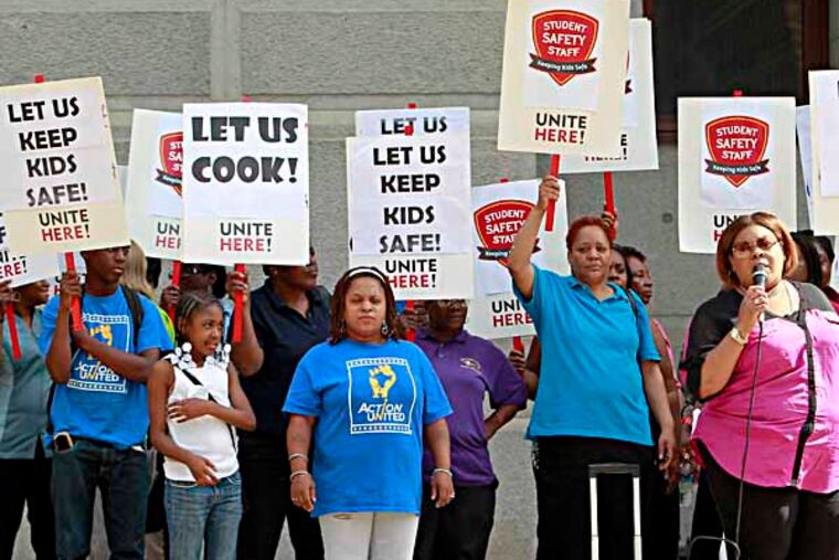 Nicole Hunt from Unite Here Local 634 is speaking in front of the City Hall about concern of Students Safety Staff cut at Philadelphia School district. ( AKIRA SUWA / Staff Photographer )