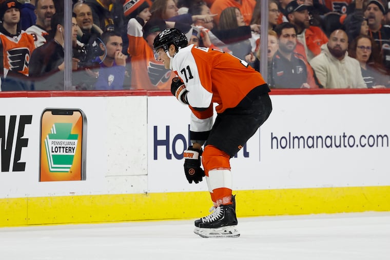 Flyers right wing Tyson Foerster leaves the ice after being injured on Dec. 1.