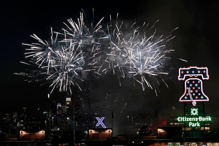 Fireworks after the San Diego Padres at Philadelphia Phillies Major League Baseball game at Citizens Bank Park in Philadelphia on Wednesday, July 2, 2025.