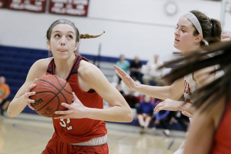 Moorestown Friends' Bella Runyan scored 22 points in Friday's win over Westampton Tech.
# 32 Bella Runyan looks to shoot as Cherokee’s # 35 Ava Therien pursues in the 2nd half of the 10th Annual South Jersey Invitational Basketball Tournament Final Four Friday game featuring Moorestown Friends vs. Cherokee H.S. girls basketball at Eastern HS in Voorhees, NJ on February 15, 2019.