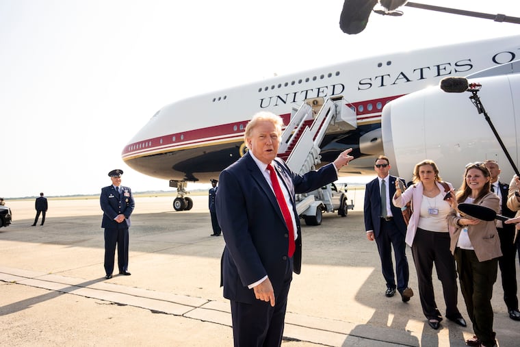 President Donald Trump prepares to board the new Air Force One at Joint Base Andrews, Md., Wednesday, July, 1 2026. The Trump administration issued subpoenas on Friday to several journalists for the New York Times, after the news outlet reported this week on security concerns involving President Trump’s new Qatari-donated Air Force One.