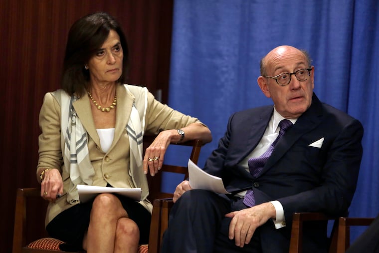 Ken Feinberg and Camille Biros at a news conference announcing the Independent Reconciliation and Reparations Program, a new clergy child sexual abuse victim compensation fund set up by the Roman Catholic Archdiocese of Philadelphia.