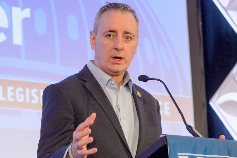 U.S. Rep. Brian Fitzpatrick (R., Pa.) speaks at a March conference of the National Treasury Employees Union (NTEU), which represents federal workers across multiple agencies. Fitzpatrick, a former FBI agent, is the only Republican backing a Democratic measure to ensure backpay for federal workers amid the shutdown.