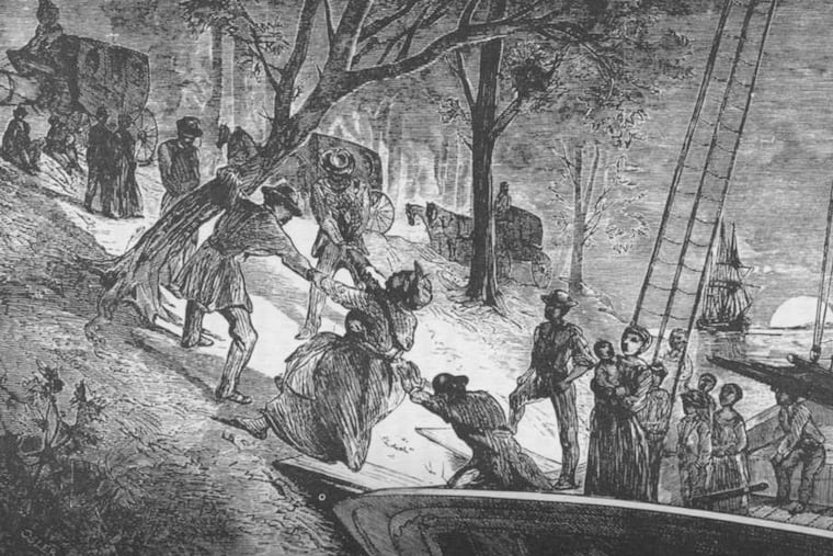 An engraving from William Still's "The Underground Railroad" depicts runaway slaves being assisted ashore in Philadelphia.