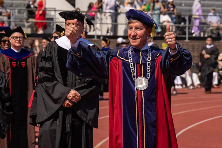 Penn President J. Larry Jameson celebrates at commencement at Franklin Field on May 18.
