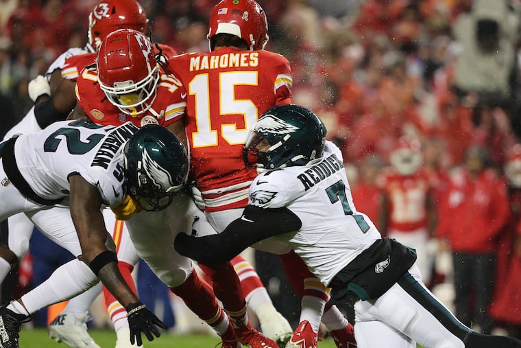 Haason Reddick sacks Chiefs quarterback Patrick Mahomes during Monday's victory in Kansas City, Mo.