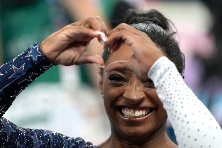 Simone Biles acknowledges the crowd during the women's artistic gymnastics team finals round at Bercy Arena at the 2024 Summer Olympics on Tuesday in Paris, France. Team USA won the gold medal.