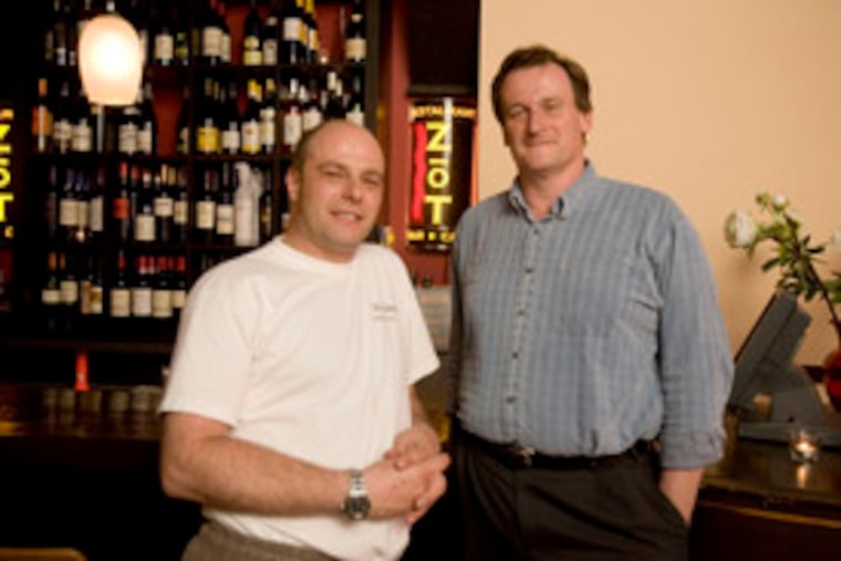 Chef Bernard Dehaene (left) and his business partner, Tim Trevans, at Zot, in the former quarters of Le Champignon de Tokio near Head House Square. Dehaene previously operated a Belgian restaurant in the Washington suburbs.