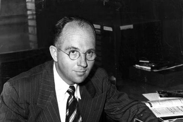 Bucks County author James Michener at work on a serialization of his novel "South Pacific" for the Philadelphia Inquirer.