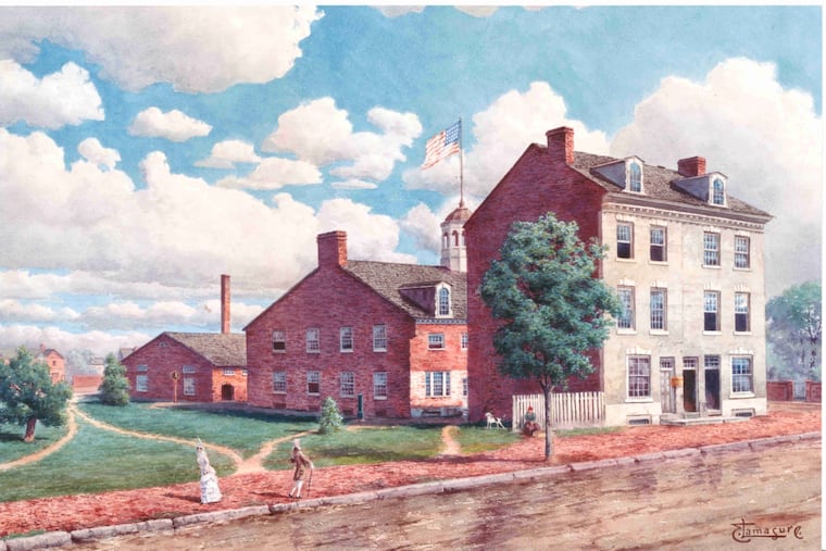 An image of the first Mint, located on the east side of Seventh Street, just south of Arch, on land purchased by David Rittenhouse.