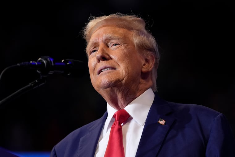 Republican presidential nominee former President Donald Trump speaks at a campaign rally at the Mohegan Sun Arena at Casey Plaza in Wilkes-Barre, Pa.