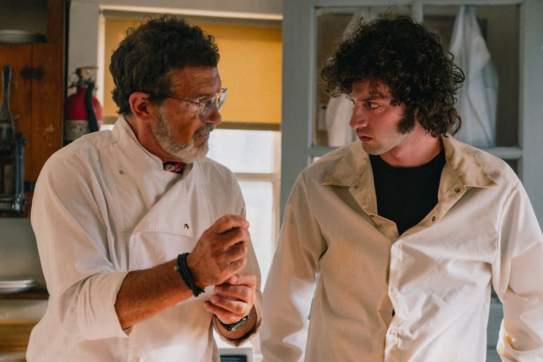 Antonio Banderas (left) as a chef-mentor with Dominic Sessa as Anthony Bourdain in "Tony."