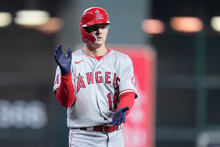 The Los Angeles Angels' Mickey Moniak reacts after hitting a triple off Houston's Luis Garcia on Sept. 11.
