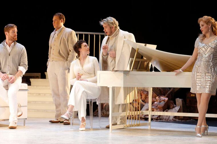 The cast of Richard Strauss' last opera, "Capriccio," a 21/2-hour intermissionless event presented at the Kimmel Center, are (from left) Dogukan Kuran, Jarrett Ott, Evan Leroy Johnson, Kirsten MacKinnon, Tyler Zimmerman, and Lauren Eberwein.