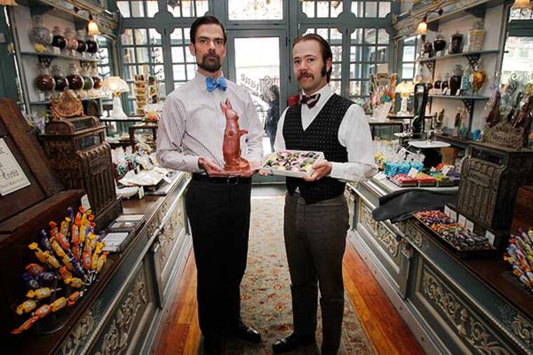 Ryan and Eric Berley show off Easter candies at their Old City shop. (Alejandro A. Alvarez / Staff Photographer)