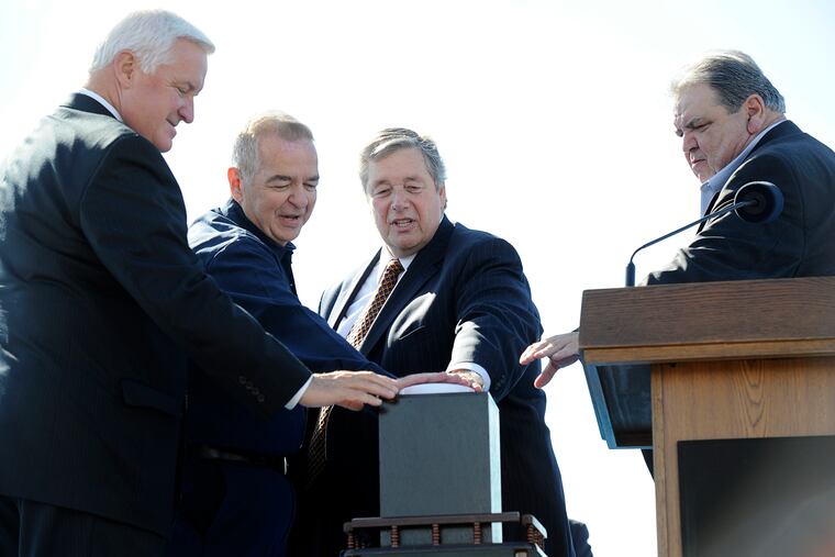 In better days, Tom Conway, International Vice President of the United Steelworkers (right) joined (from left) then-Gov. Tom Corbett; John Farrington, a worker at the refinery for 44 years; and refinery executive Phil Rinaldi for the 2012 restart of the former Sunoco refinery as Philadelphia Energy Solutions.