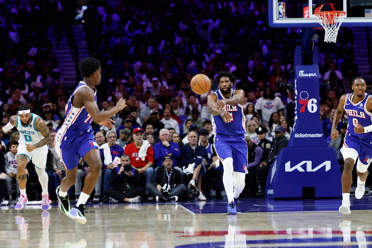 From left, VJ Edgecombe, Joel Embiid, and Tyrese Maxey have led the way in their 4-0 start.