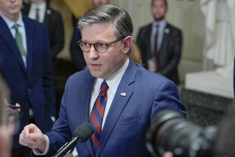 Speaker of the House Mike Johnson, R-La., speaks during a news conference on Capitol Hill, Friday, March 27, 2026, in Washington.