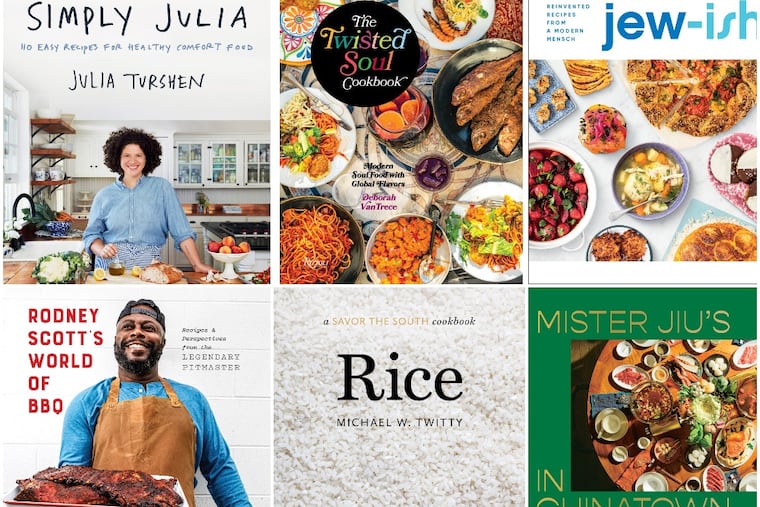 Spring cookbook titles (from left): Simply Julia; Twisted Soul; Jew-ish; Rodney Scott's World of BBQ; Rice; Mister Jiu's in Chinatown