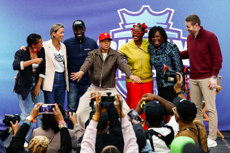 New York Liberty's Natasha Cloud dances while standing with other officials during an announcement about Unrivaled's nationwide tour in 2026 that's coming to Philly in January.