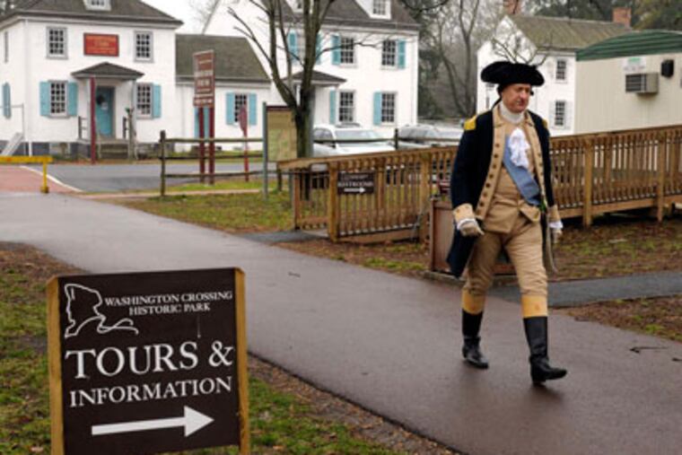 John Godzieba, dressed as Gen. George Washington, arrives at Washington Crossing park offices. (Tom Gralish / Staff Photographer)