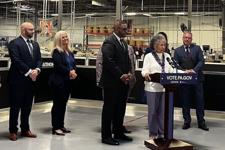 Germantown resident Carlotta Fareira, 93, speaks to the media Wednesday about the importance of voting at a voter registration event by the Philadelphia City Commissioners. Fareire has been voting in Philadelphia elections since she was 21, before the 26th Amendment lowered the voting age to 18.