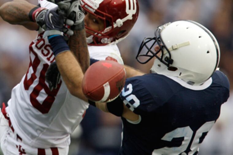 Drew Astorino breaks up a pass intended for Indiana wide receiver Damarlo Belcher (88). Penn State won 31-20. (AP Photo/Carolyn Kaster)