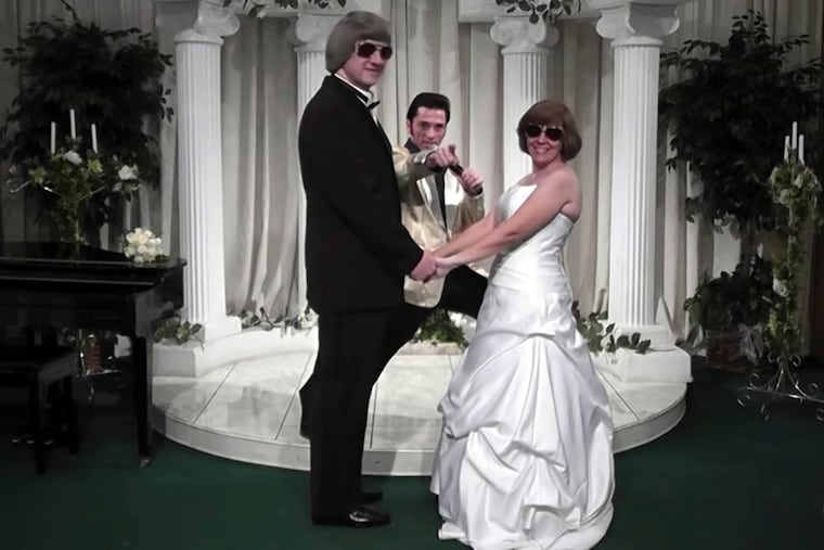In this Oct. 29, 2011, image made from a video provided by A Elvis Chapel, David Allen Turpin, left, and his wife, Louise Anna Turpin, right, celebrate a renewal of their wedding vows with Elvis impersonator Kent Ripley in Las Vegas. The couple was arrested Sunday, Jan. 14, 2018, after authorities found their malnourished children in their home in suburban Perris, Calif., 60 miles (96 kilometers) southeast of Los Angeles. The couples' children were so emaciated the older ones still looked like children.
