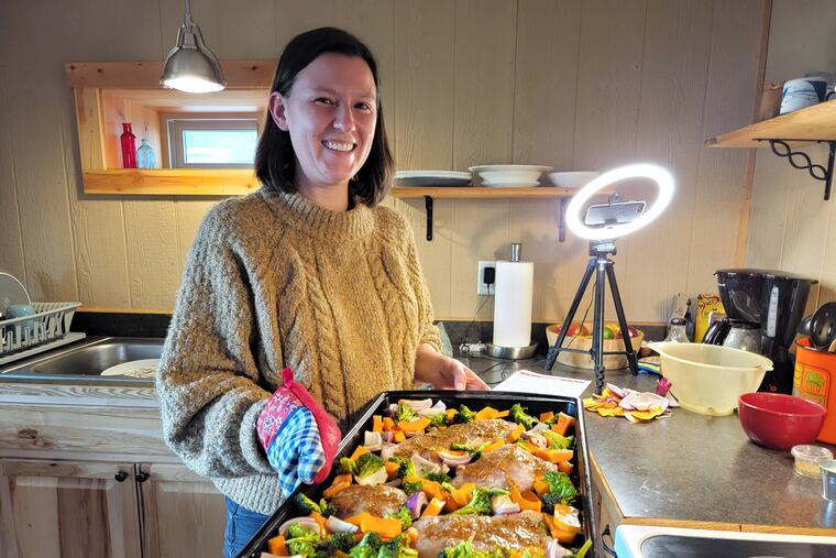 Mackenzie Sachs, a registered dietitian who works with FAST Blackfeet’s produce prescription program on the Blackfeet Reservation, in northwestern Montana, prepares food during an online cooking class.
