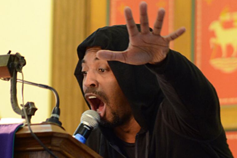 Reverend Micah C.T. Sims preaches at Mount Zion United Methodist Church at 11th and Jefferson wearing a hooded sweatshirt in remembrance of Trayvon Martin on March 24, 2012. ( Richard Kauffman / Staff Photographer )