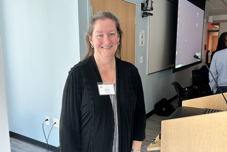 Julee Gard, who created the financial viability index, speaks at an Education Writers Association meeting held at the University of Pennsylvania in September.