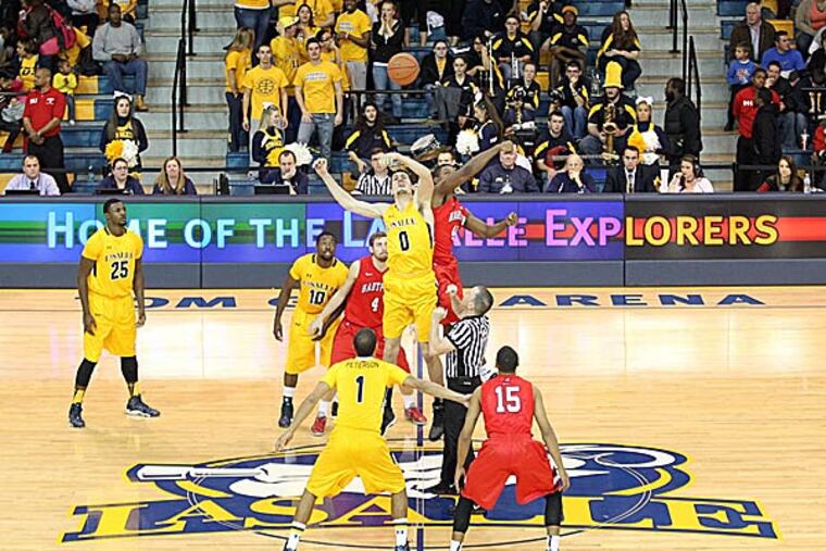 The opening tip-off between La Salle and Hartford at Tom Gola Arena. (Yong Kim/Staff Photographer)