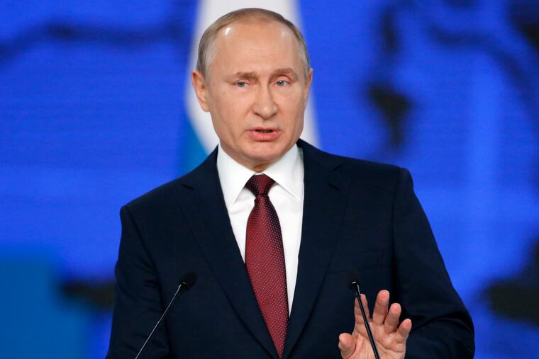 Russian President Vladimir Putin delivers a state-of-the-nation address in Moscow, Russia, Wednesday, Feb. 20, 2019. Putin said Russia needs to focus on raising living standards.